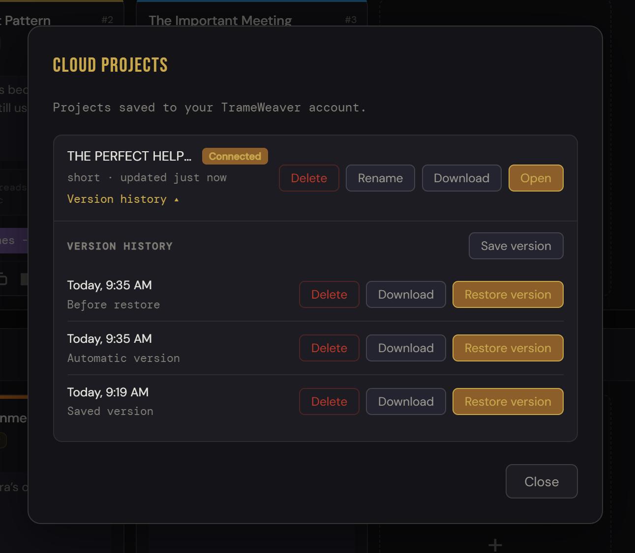 TrameWeaver Cloud Projects window with Version History open, showing Before restore, Automatic and Saved versions