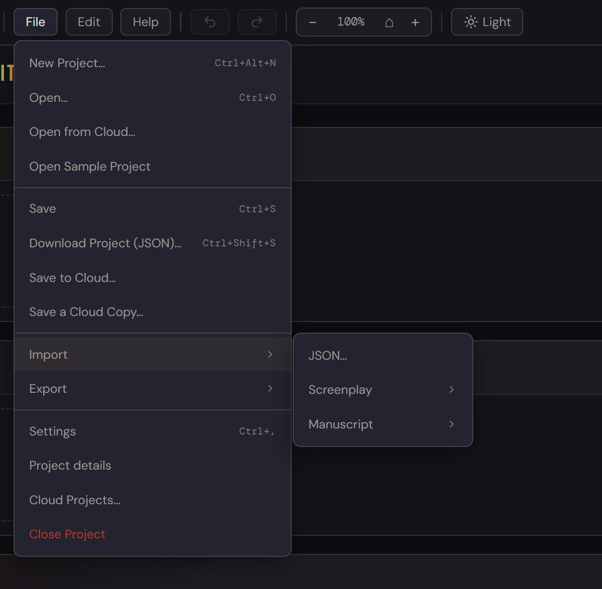 TrameWeaver File menu with the Import submenu open showing JSON, Screenplay and Manuscript