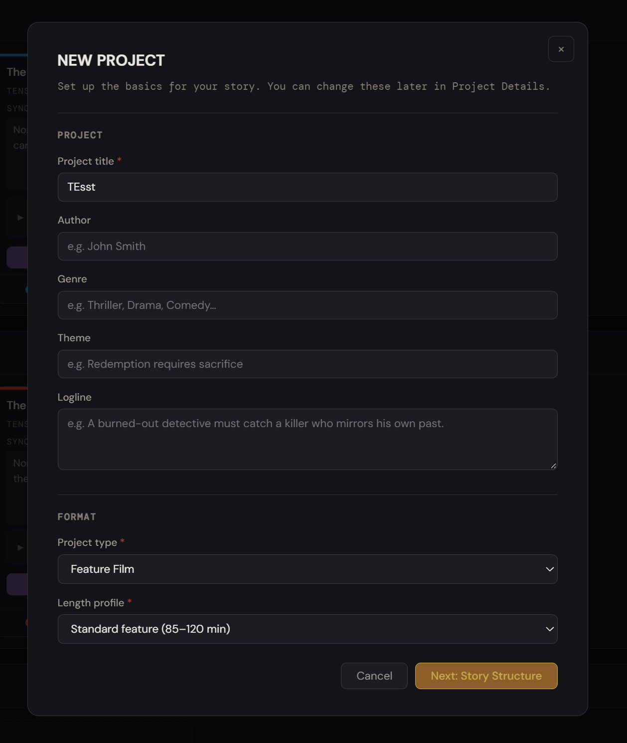 TrameWeaver New Project window with project title, author, genre, theme, logline, project type and length profile