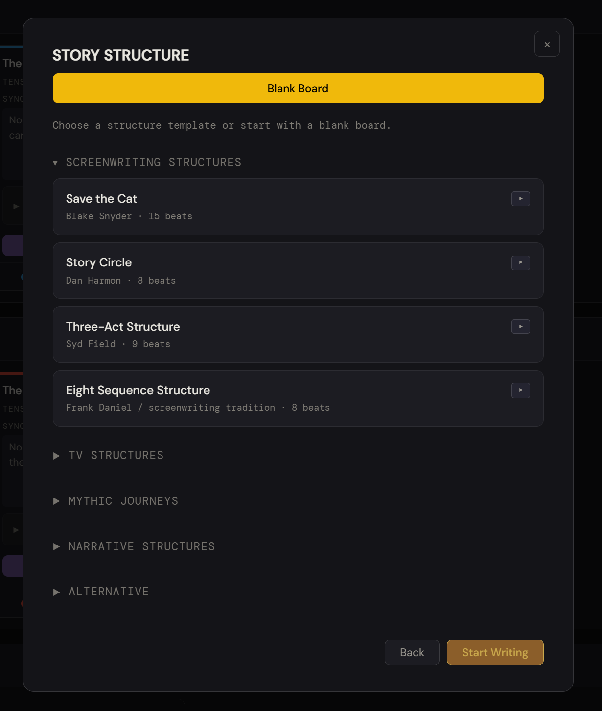 TrameWeaver Story Structure window with a Blank Board button and screenwriting structure templates