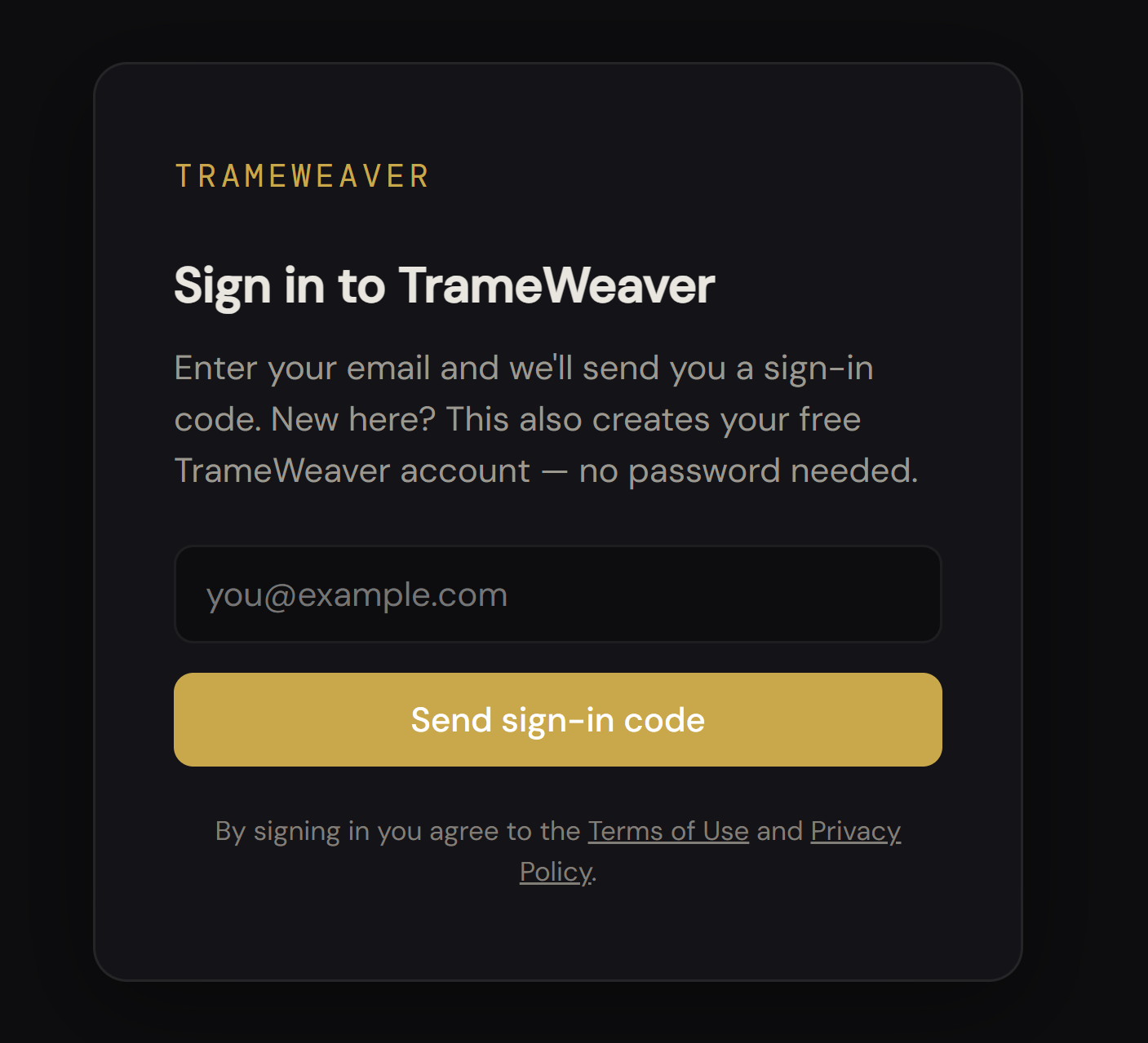 TrameWeaver sign-in screen asking for your email address