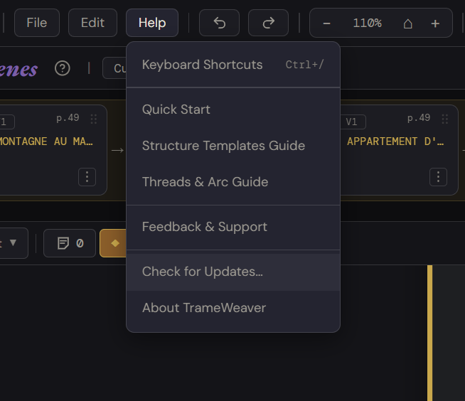 TrameWeaver's Help menu with Check for Updates highlighted