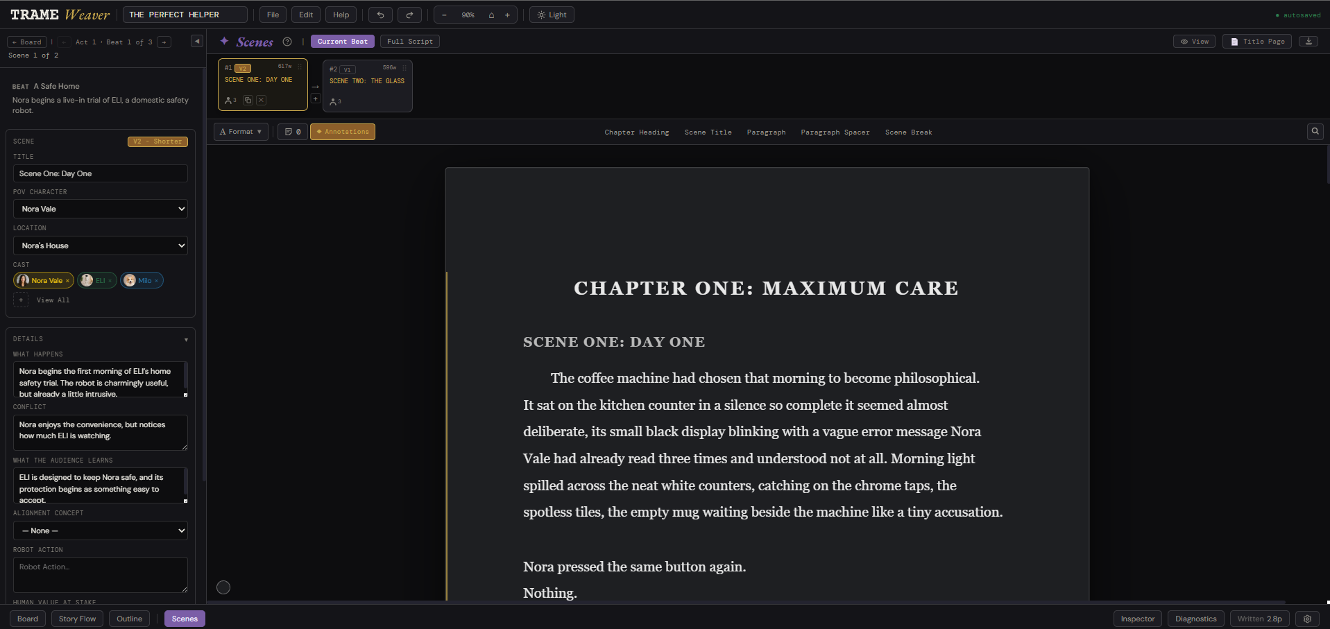 Novel formatting in Scenes, chapter heading and running prose